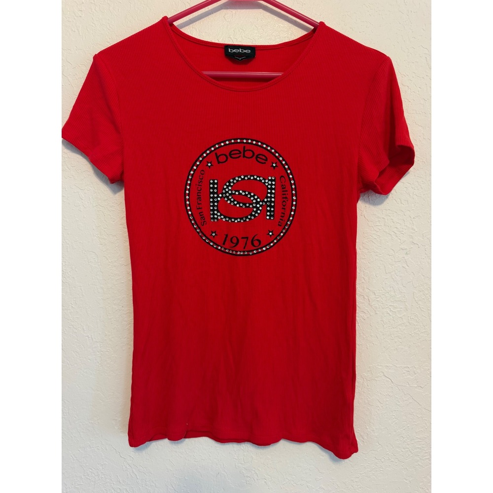 Bebe Red Ribbed Rhinestone Logo Graphic T-Shirt Y2K San Francisco 1976 Size M